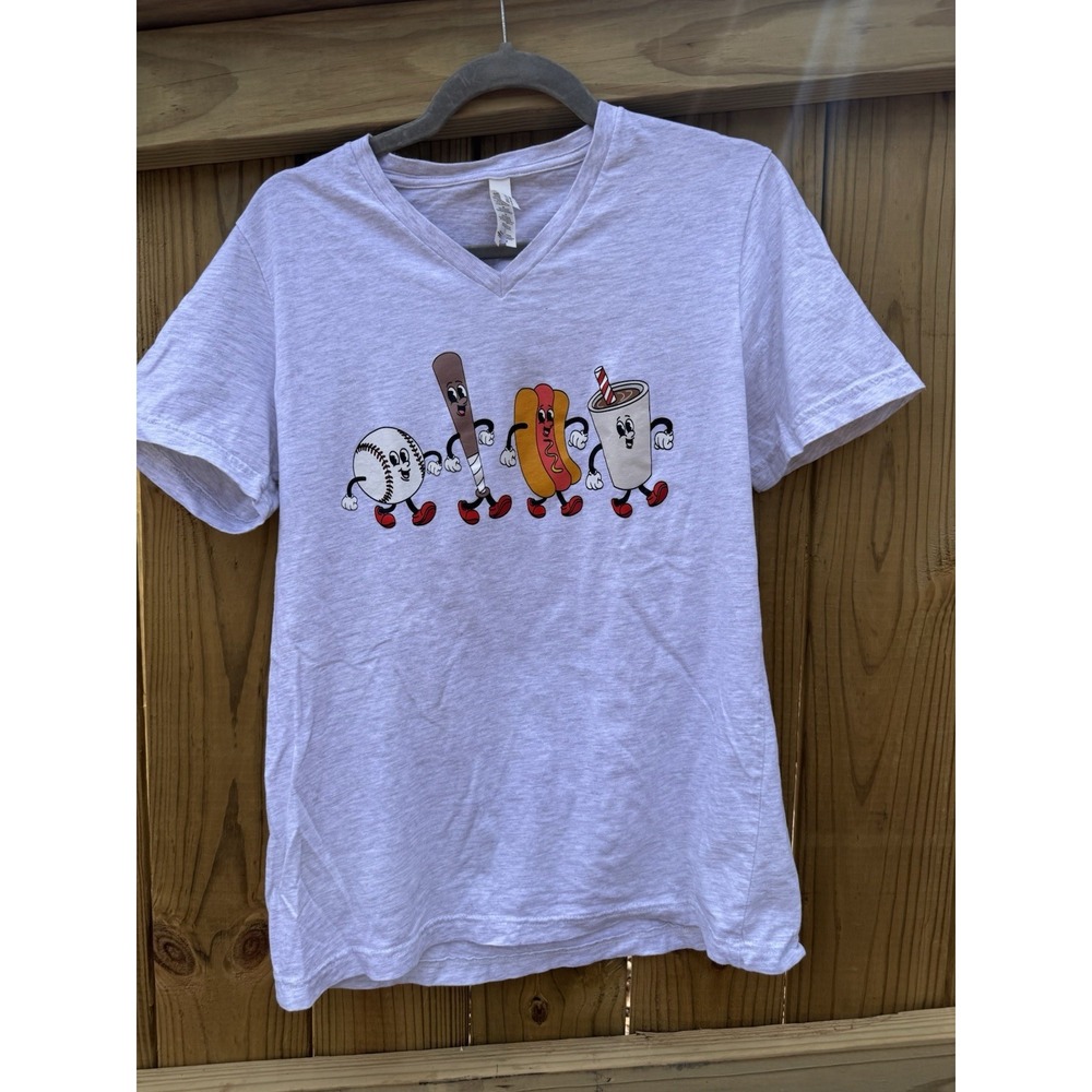 Retro Baseball Women's Gray V Neck‎ T-Shirt Size Médium